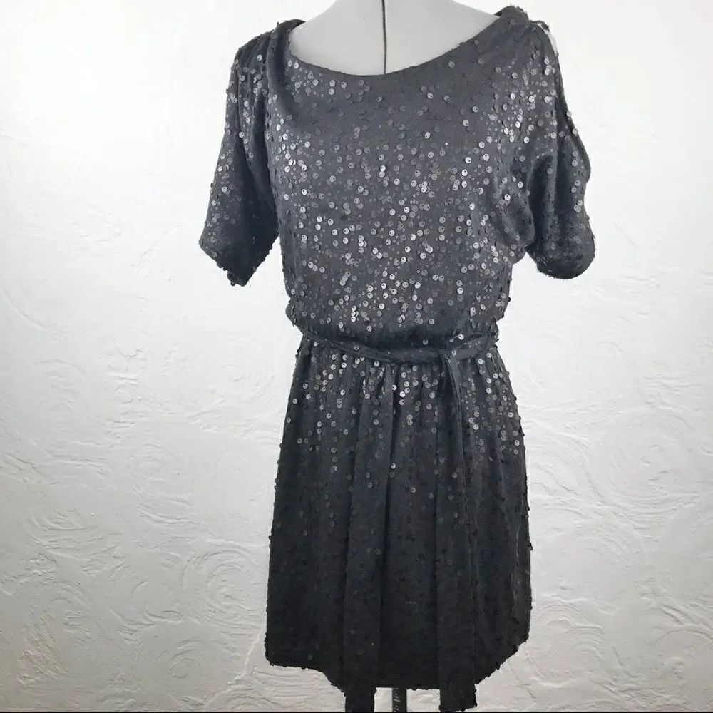 New York & Co. Black Sequin Split Sleeve Sparkle Mini Party Dress